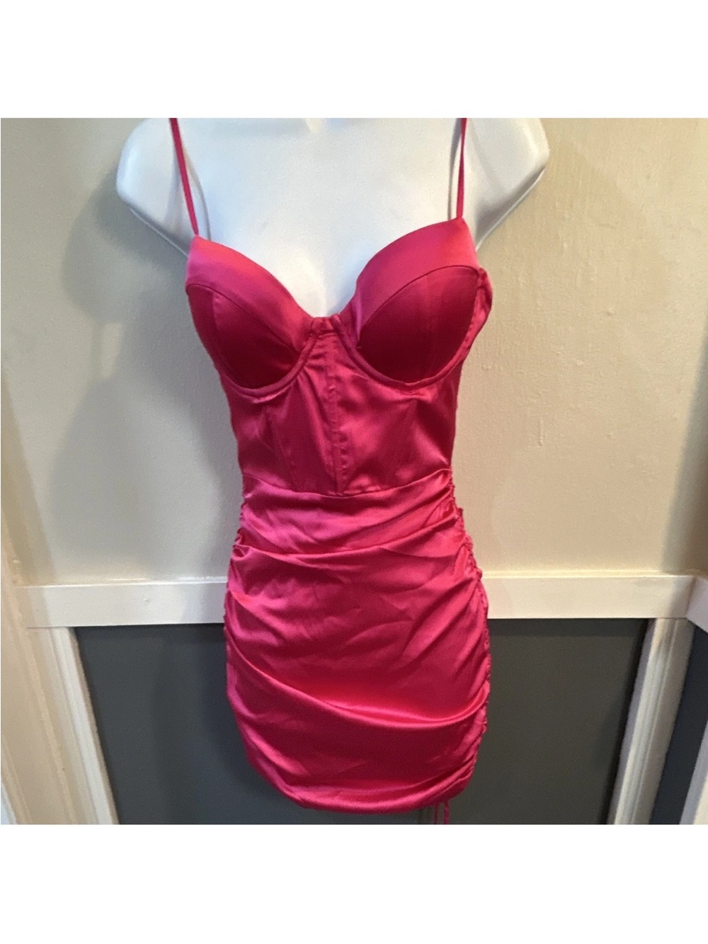 Polly and friends  Hot Pink Satin Ruched Bodycon Slip Dress